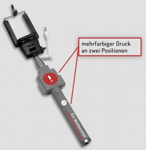 Bedruckte Selfie Sticks als Werbemittel: in Ihrer Wunschfarbe, mehrfarbiger Druck an zwei Positionen